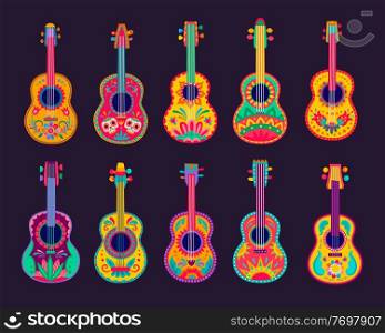 Cartoon Mexican guitars, vector latin music instruments of mariachi musicians with bright flower patterns, Calavera skulls and Mexico ethnic ornaments. Cinco de Mayo holiday fiesta party. Cartoon Mexican guitars, mariachi music instrument
