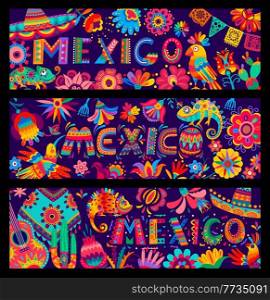 Cartoon Mexican holiday, music and culture vector banners with sombrero, guitars, birds, flowers and cactus. Mexican paper craft art alebrije, Mexico fiesta party poncho and papel picado decoration. Cartoon Mexican holiday, music and culture banners