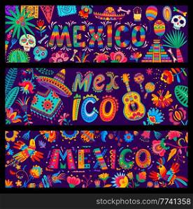 Cartoon Mexican holiday vector banners with Day of the Dead sugar skulls, paper flags, sombrero and poncho pattern. Mexico guitar, maracas and flowers, cactuses, tropical hummingbird and parrot birds. Mexican holiday banners, Day Dead skulls, sombrero