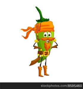 Cartoon mexican jalapeno pepper bearded pirate character with cute smiling face. Vector vegetable emoji of green chili pepper Caribbean pirate with sword and bandana, mexican spice food personage. Cartoon mexican jalapeno pepper pirate character