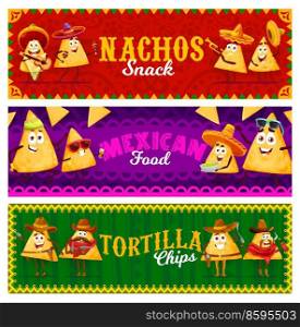 Cartoon Mexican nachos chips characters and personages. Funny nachos and tortilla chips vector mexican food at fiesta party in sombrero with guitar and maracas or guacamole and cowboy guns. Cartoon Mexican nachos chips characters personages