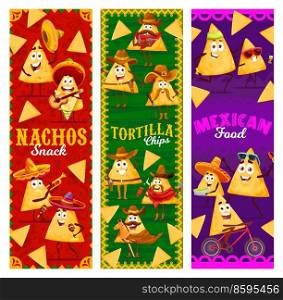Cartoon mexican nachos chips characters and personages. Vertical vector banners with funny mariachi and cowboys tex mex snacks playing instruments, wear sombrero and guns, relaxing, sport or party fun. Cartoon mexican nachos characters and personages
