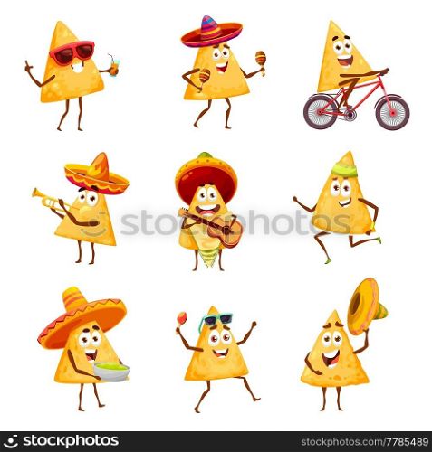 Cartoon mexican nachos chips characters music, sport and leisure activity. Happy vector nachos mariachi in sombrero playing on maracas, guitar and trumpet. Funny chips exercising, riding on bike. Cartoon mexican nachos chips characters