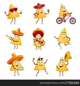 Cartoon mexican nachos chips characters music, sport and leisure activity. Happy vector nachos mariachi in sombrero playing on maracas, guitar and trumpet. Funny chips exercising, riding on bike. Cartoon mexican nachos chips characters