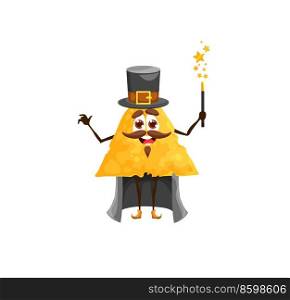 Cartoon Mexican nachos magician character, wizard with magic wand, vector. Kids personage, funny isolated nacho chip as sorcerer magician or warlock in magic cape and witch hat. Cartoon Mexican nachos magician wizard character