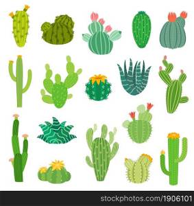 Cartoon Mexican or Peruvian desert cactus succulents with flowers, vector isolated icons. Summer cacti plants of aloe vera, agave and opuntia with blossom flowers, Mexico and Peru pricky plants. Cartoon Mexican, Peruvian desert cactus succulents