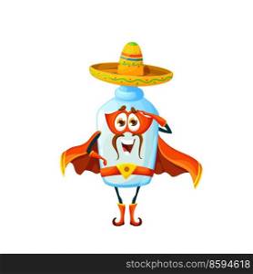 Cartoon mexican pulque superhero character of vector drink. Cute glass bottle of agave plant beverage guard personage with sombrero hat, super hero mask, red cape and belt giving salute. Cartoon mexican pulque superhero character