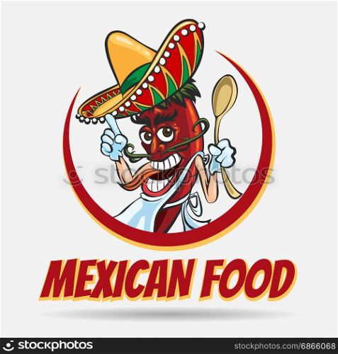 Cartoon mexican red chili pepper with green mustache in sombrero hat. Mexican food logo, labels, emblems and badges. Vector illustration.