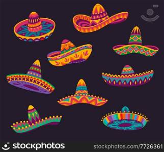 Cartoon Mexican sombrero hats with color ethnic pattern, vector Mexico holiday and fiesta party objects. Cinco de Mayo carnival mariachi musician festive straw sombrero hats or caps. Cartoon Mexican sombrero hats with ethnic pattern
