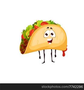 Cartoon mexican tacos character, fast food snack. Vector mascot, meal made of corn or wheat tortilla with grilled chicken meat and fresh vegetables. Tex mex fastfood of Mexico, takeaway. Cartoon mexican tacos character, fast food snack