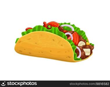 Cartoon Mexican tacos, isolated vector tex mex fast food snack. Traditional meal of Mexico made of corn or wheat tortilla with grilled chicken meat and fresh vegetables. Fastfood takeaway dish. Cartoon Mexican tacos, isolated vector tex mex f