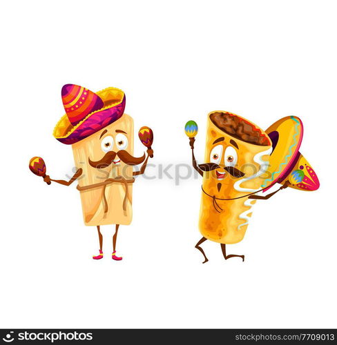 Cartoon mexican tamales and chimichanga happy characters. Vector mariachi funny musicians in sombrero playing maracas, tex mex fastfood artists with mustaches celebrate national holidays and sing. Cartoon mexican tamales and chimichanga characters