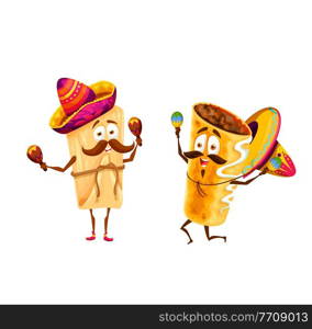 Cartoon mexican tamales and chimichanga happy characters. Vector mariachi funny musicians in sombrero playing maracas, tex mex fastfood artists with mustaches celebrate national holidays and sing. Cartoon mexican tamales and chimichanga characters