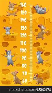 Cartoon mice and mouses personages with cheese. Kids height chart. Child growth centimeters scale background or children vector height chart, kids growth sticker with funny mouses, swiss cheese pieces. Cartoon mouses with cheese on kids height chart