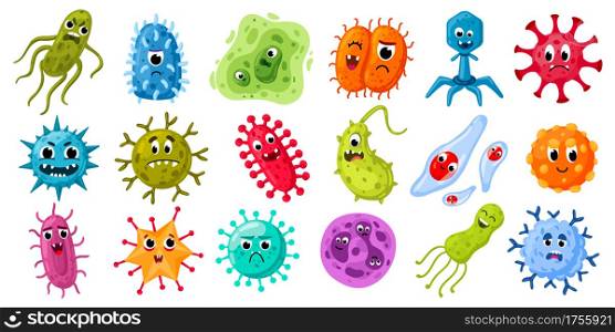 Cartoon microbes and viruses. Germs characters with funny faces, bacteria and disease viruses mascots. Pathogen microorganism vector illustration set. Microscopic dangerous organisms. Cartoon microbes and viruses. Germs characters with funny faces, bacteria and disease viruses mascots. Pathogen microorganism vector illustration set