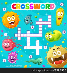 Cartoon microbes, germs, viruses crossword grid worksheet, find a word quiz game. Vector search puzzle, kids brainteaser riddle with funny microorganism characters, guess a color task sheet for child. Cartoon microbes, germs, viruses crossword grid