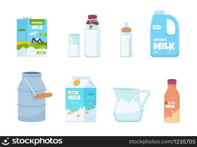 Cartoon milk. Plastic bottle, white food container, carton package, bottle and glass with milk. Vector set illustration of isolated packs for milk with fresh product in traditional carton. Cartoon milk. Plastic bottle, white food container, carton package, bottle and glass with milk. Vector set of isolated packs for milk