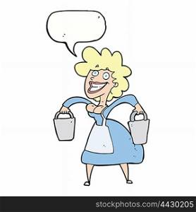cartoon milkmaid carrying buckets with speech bubble