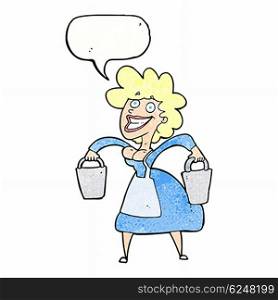 cartoon milkmaid carrying buckets with speech bubble