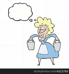 cartoon milkmaid carrying buckets with thought bubble