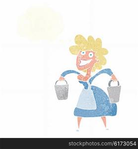cartoon milkmaid carrying buckets with thought bubble