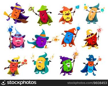 Cartoon mineral and micronutrient wizard or mage characters, vector funny pills. Calcium mage, zinc and potassium sorcerer or iron cartoon mineral in wizard hat with magic wand and witch spell. Cartoon mineral or micronutrient wizard characters