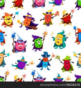 Cartoon mineral wizard or mage characters seamless pattern. Vector tile background with food supplements capsules Zn, Ca, Mn And Se, Na, K, Fe, Cu, P, Cl or I, wiz and sorcerer personages with wands. Cartoon mineral wizard or mage characters pattern