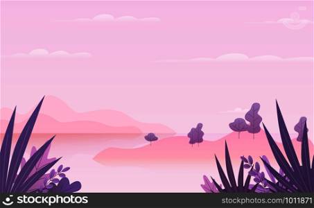 Cartoon minimal landscape. Nature scene with trees, leaves and reaver in japanese style. Summer panorama with pond. Vector beautiful outdoors abstract concept. Cartoon minimal landscape. Nature scene with trees, leaves and reaver in japanese style. Summer panorama with pond. Vector concept