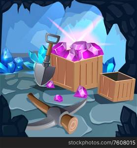 Cartoon mining game design composition with different mining equipment inside the cave vector illustration