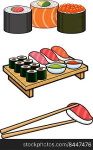 Cartoon Mixed Sushi Set. Vector Hand Drawn Collection Isolated On White Background