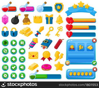 Cartoon mobile game user interface kit elements. Casual game interface menu buttons, trophies and bars vector illustration set. Mobile game user interface icons display with book, key, sack of money. Cartoon mobile game user interface kit elements. Casual game interface menu buttons, trophies and bars vector illustration set. Mobile game user interface icons