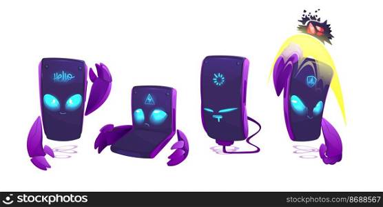 Cartoon mobile phone characters isolated set. Smartphone monster with glowing eyes and powerful arms. Mascot cellphone greeting, recharging, sleep, low and full battery energy, Vector illustration. Cartoon mobile phone characters isolated set.