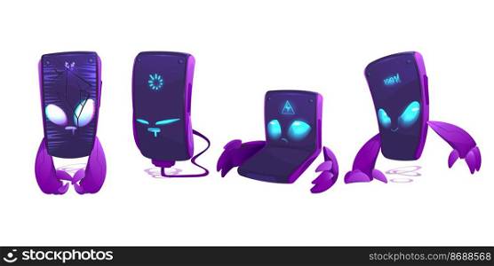 Cartoon mobile phone characters isolated set. Smartphone monster with glowing eyes and powerful arms. Mascot with broken glass screen, recharging, low and full battery energy, Vector illustration. Cartoon mobile phone characters isolated set.