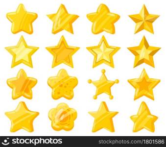 Cartoon mobile web game ui golden stars. Casual game interface shiny stars, yellow golden star trophies vector illustration set. Mobile game achievement reward, prize for completed level. Cartoon mobile web game ui golden stars. Casual game interface shiny stars, yellow golden star trophies vector illustration set. Mobile game achievement reward