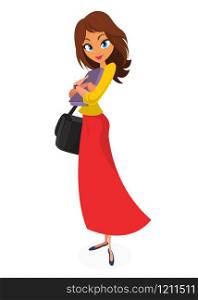Cartoon model woman. Vector illustration of woman in red casual dress and yellow shirt.