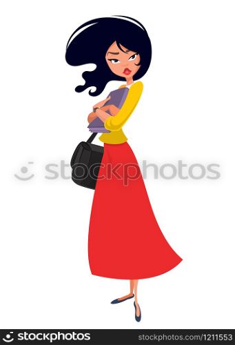 Cartoon model woman. Vector illustration of woman in red casual dress and yellow shirt.