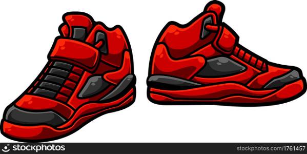 Cartoon Modern Red Sneakers. Vector Hand Drawn Illustration Isolated On Transparent Background