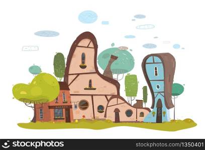 Cartoon Modern Traditional Old-Fashioned Stone Farm House and Brick Market Exterior Buildings in Suburb. Residential Townhouse for Craft Families. Flat Countryside Rural Landscape. Vector Illustration. House and Market Exterior Buildings in Suburb