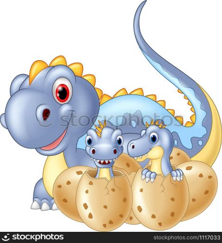 Cartoon mom dinosaur and baby dinosaurs hatching