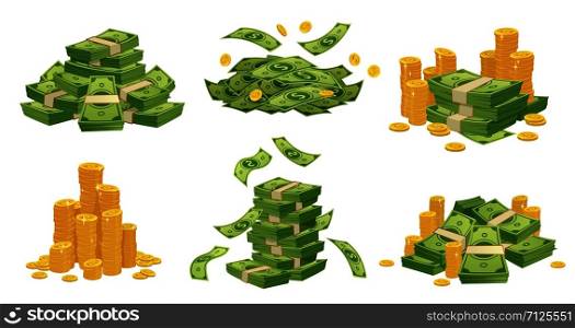 Cartoon money and coins. Green dollar banknotes pile, golden coin and rich. Bank debt bill investment, earnings treasure or jackpot money capital. Isolated vector illustration icons set. Cartoon money and coins. Green dollar banknotes pile, golden coin and rich vector illustration set