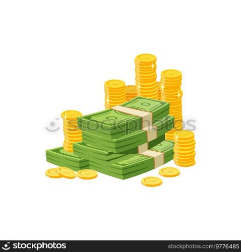 Cartoon money, cash paper bills, dollar banknotes and golden coins stack. Isolated vector heap of currency, lottery win, jackpot, wealth growth, investment or earnings packing piles. Cartoon money, cash paper bills, dollar banknotes