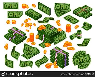 Cartoon money. Dollar bills banknotes stack, pile of dollars and banknote heap abundance bundle. Cash bill green investment moneys piles for commercial banking vector illustration isolated icon set. Cartoon money. Dollar bills banknotes stack, pile of dollars and banknote heap. Cash piles vector illustration set