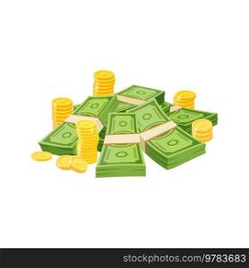 Cartoon money heap, dollar banknotes, golden coin stacks isolated vector currency objects. Packing and piles of green paper bills, lottery win, savings, financial success, richness, wealth, prosperity. Cartoon money heap, dollar banknotes, golden coins