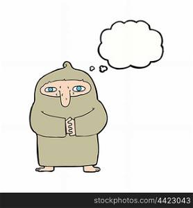 cartoon monk in robe with thought bubble