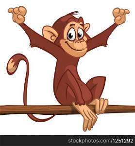 Cartoon monkey chimpanzee sitting on the tree branch. Vector illustration of happy monkey character