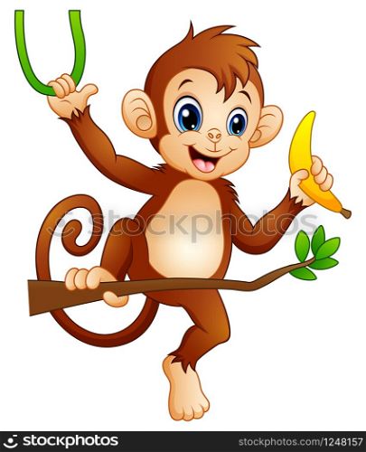 Cartoon monkey on a branch tree and holding banana