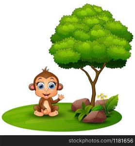 Cartoon monkey sitting under a tree on a white background