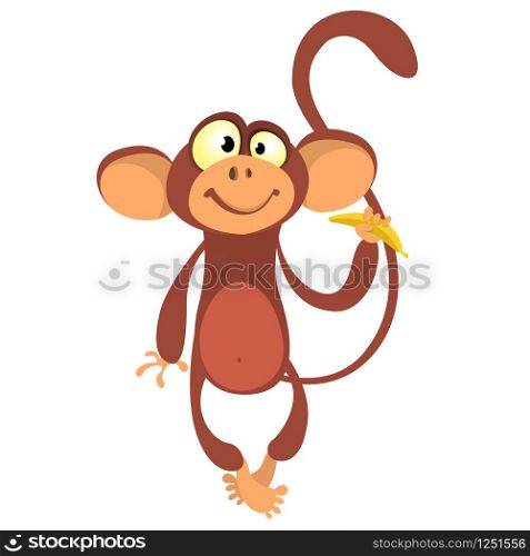 Cartoon monkey vector illustration. Cute primate monkey holding banana.Zoo chimpanzee monkey flat vector character. Monkey icon
