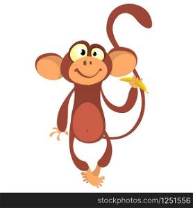 Cartoon monkey vector illustration. Cute primate monkey holding banana.Zoo chimpanzee monkey flat vector character. Monkey icon