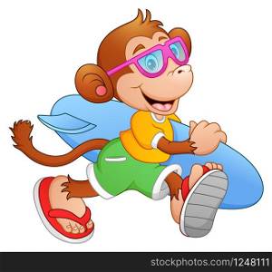 Cartoon monkey with surfboard running